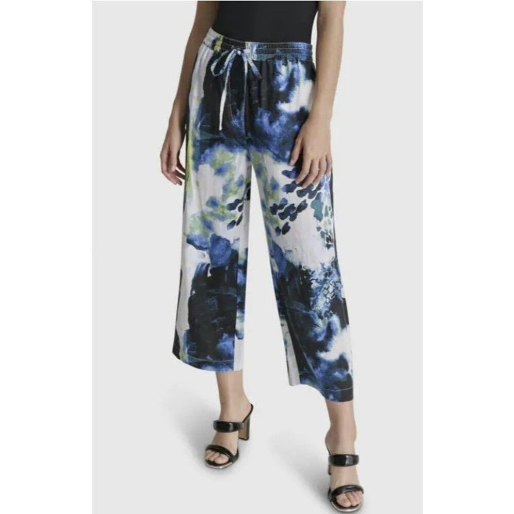 DKNY Women's Linen Floral Straight Leg Pants Size L Ankle  Drawstring NWT